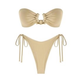 Tube Top Bikini Metal Buckle Swimsuit Women (Option: Champagne-S)