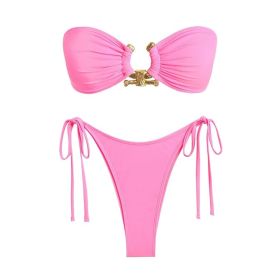 Tube Top Bikini Metal Buckle Swimsuit Women (Option: Pink-S)