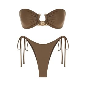 Tube Top Bikini Metal Buckle Swimsuit Women (Option: Brown-S)