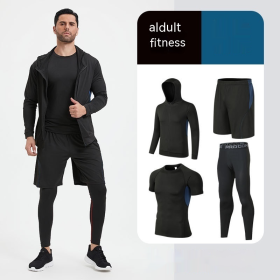 Fitness Suit Men's Morning Running Night Running Sports Quick-drying Five-piece Tights Foot Basketball Training Wear Wholesale (Option: Black And Blue Four Pieces-M)