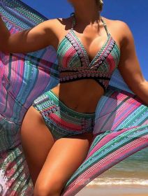 Bikini Cross Bandage Swimsuit High Waist Veils Split Three-piece Suit (Option: Green-S)