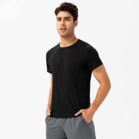 Men's Loose Running Quick Drying Clothes Round Neck T-shirt Sweat-absorbent Breathable Fitness Sports Casual Short Sleeve Clothes (Option: Black-S)