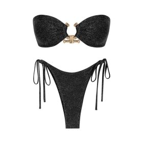 Tube Top Bikini Metal Buckle Swimsuit Women (Option: Black-S)