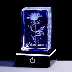 Crystal Laser Carved Rose Crystal Crafts Ornaments (Option: Note Rose-Plus Square Silver LED Light)