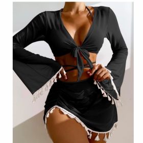 New European And American Conservative Four-piece Solid Color Tassel Blouse Mesh Skirt Bikini Swimsuit For Women (Option: Black-M)