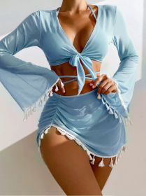 New European And American Conservative Four-piece Solid Color Tassel Blouse Mesh Skirt Bikini Swimsuit For Women (Option: Sky Blue-M)