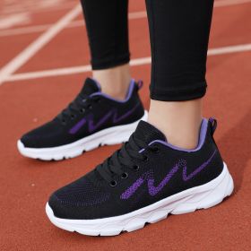 All Black Sneaker Women's Lightweight Mesh Breathable Casual Soft Bottom Running Shoes (Option: Black Purple-36)