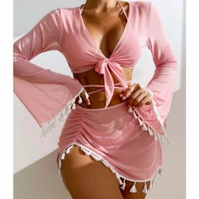 New European And American Conservative Four-piece Solid Color Tassel Blouse Mesh Skirt Bikini Swimsuit For Women (Option: Pink-M)