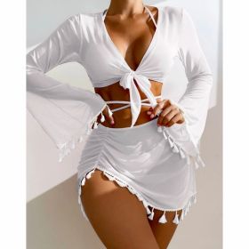 New European And American Conservative Four-piece Solid Color Tassel Blouse Mesh Skirt Bikini Swimsuit For Women (Option: White-M)