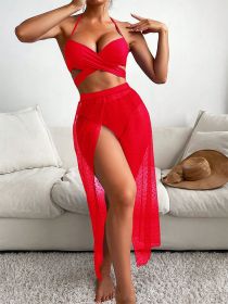 Three Piece Swimsuit Bikini Tulle Skirt Sexy Lady (Option: Red-M)