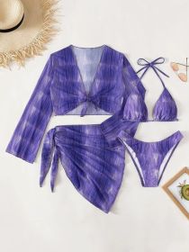 Swimsuit New 4 PCs Set Split Long Sleeve Bikini For Women (Option: Violet Color-M)