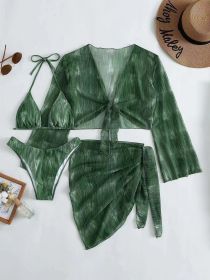 Swimsuit New 4 PCs Set Split Long Sleeve Bikini For Women (Option: Dark Green-M)