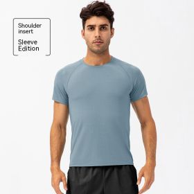 Men's Loose Running Quick Drying Clothes Round Neck T-shirt Sweat-absorbent Breathable Fitness Sports Casual Short Sleeve Clothes (Option: 21221 Gray Blue-XL)