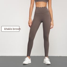 Elastic Sports Yoga Pants Women's Abdominal-shaping High Waist Peach Hip Sports Tights Anti-chic No T-line Fitness Pants (Option: Kaki Brown-M)