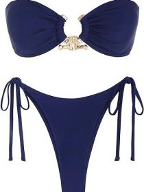 Tube Top Bikini Metal Buckle Swimsuit Women (Option: Blue-S)