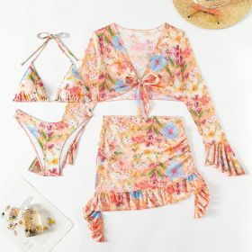 New European And American Printing Stylish Beach Dress Bikini Four-piece Suit (Option: Printing-XS)