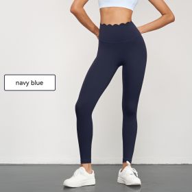 Elastic Sports Yoga Pants Women's Abdominal-shaping High Waist Peach Hip Sports Tights Anti-chic No T-line Fitness Pants (Option: Navy Blue-M)