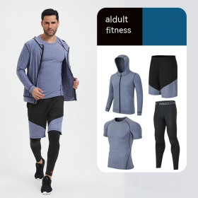 Fitness Suit Men's Morning Running Night Running Sports Quick-drying Five-piece Tights Foot Basketball Training Wear Wholesale (Option: Blue Four Set-5XL)