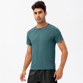 Men's Loose Running Quick Drying Clothes Round Neck T-shirt Sweat-absorbent Breathable Fitness Sports Casual Short Sleeve Clothes (Option: Blue Green-M)