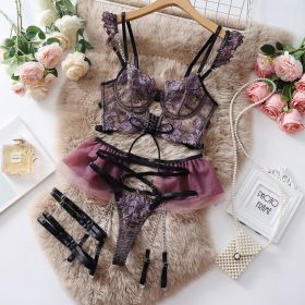 Embroidered Underwear Transparent Push Up Bra Set (Option: Purple-M)