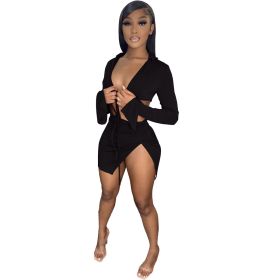 Women's Spring And Summer Lace-up Long-sleeved Swimsuit Suit (Option: Black-M)