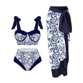 Women's Printing Split Swimsuit Suit (Option: Blue Flower-L)