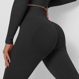 European And American Seamless Knitted Thread Moisture Wicking Yoga Pants (Option: Pure Black-L)