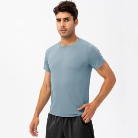 Men's Loose Running Quick Drying Clothes Round Neck T-shirt Sweat-absorbent Breathable Fitness Sports Casual Short Sleeve Clothes (Option: Gray Blue-XXL)