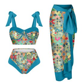 Women's Printing Split Swimsuit Suit (Option: Light Blue Pattern-XL)